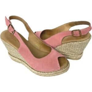 GARNET HILL‎ Nubuck Leather Wedge Slingback Espadrille Size 8 Pink Made In Italy